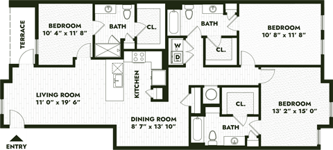 Floor plan for 3 beds, 3 baths, 1520 sqft